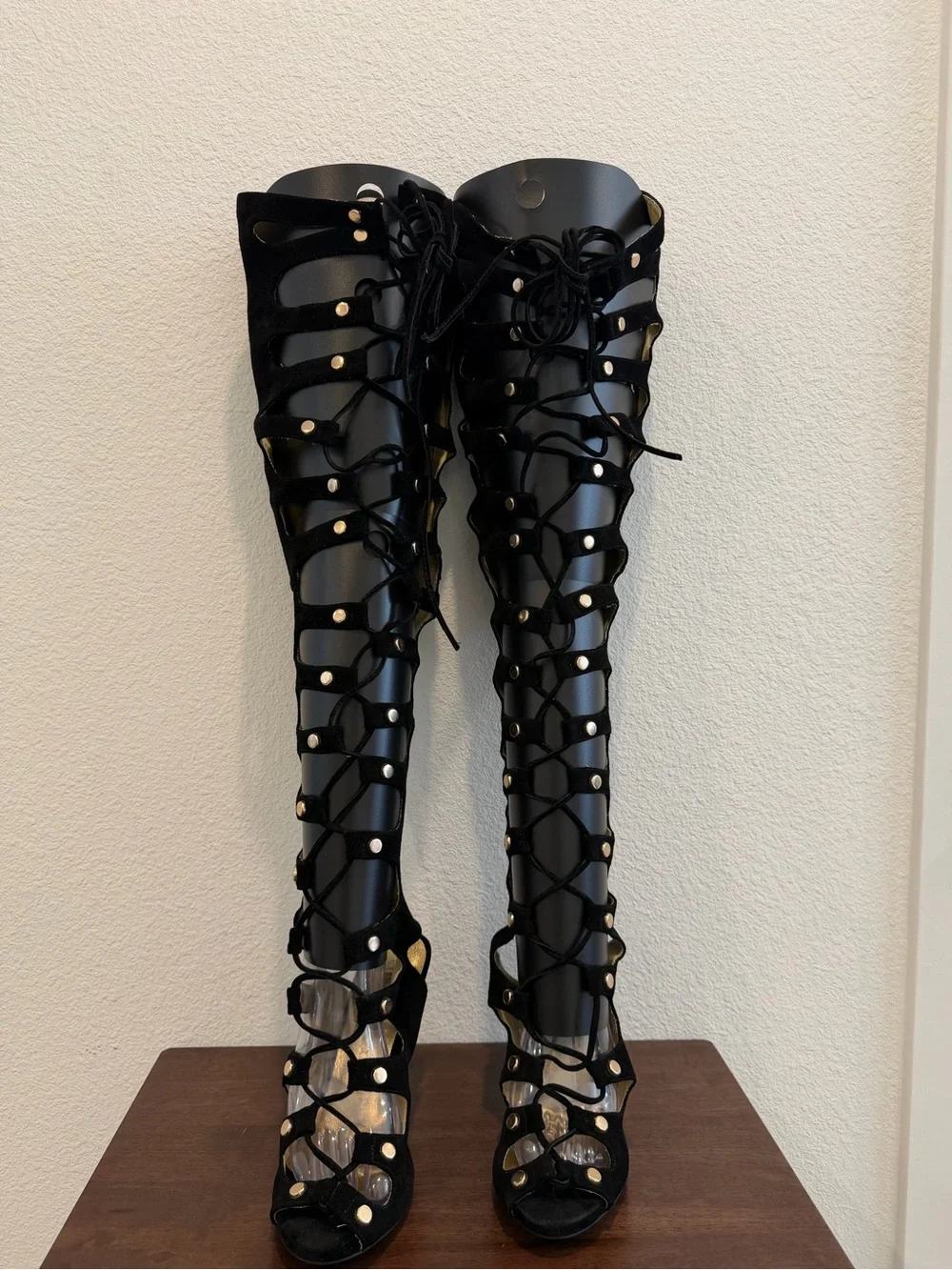 Suede Black Lace-Up Over-the-Knee Gladiator Heels